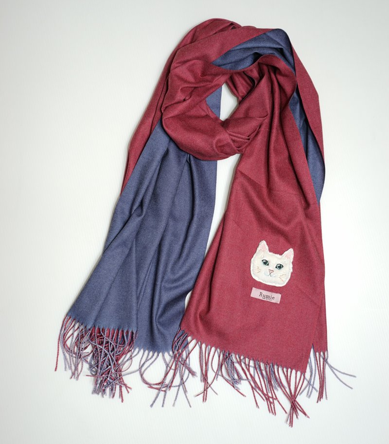 经典 双色 猫咪刺绣 羊绒围巾(胭脂红+蓝紫色) - 丝巾 - 羊毛 