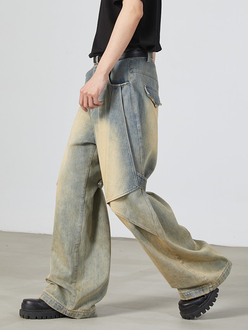 【泥蓝/黑灰 】重工褐洗泥染牛仔长裤/可变喇叭裤形 - 男士长裤 - 棉．麻 多色