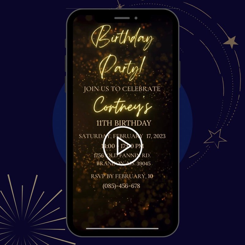 Gold neon video invitation, Animated Birthday invitation, Personalized invite - 电子喜帖/贺卡/邀请函 - 其他材质 