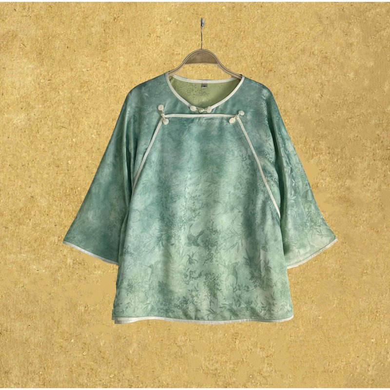 【清梦】 新中式復古 桑蚕丝百搭上衣 - 女装上衣 - 丝．绢 绿色