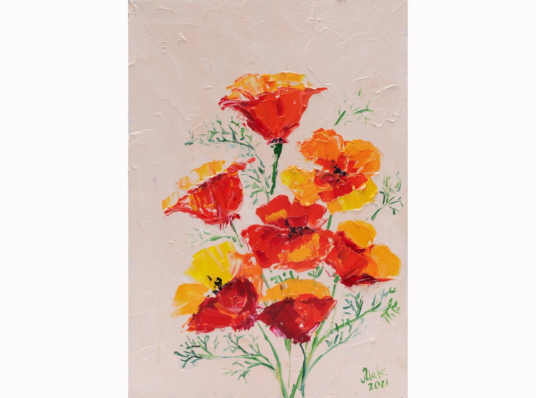 California Poppy Oil Painting Flower Original Art Yellow Poppy Wall Art Impasto - 海报/装饰画/版画 - 其他材质 橘色