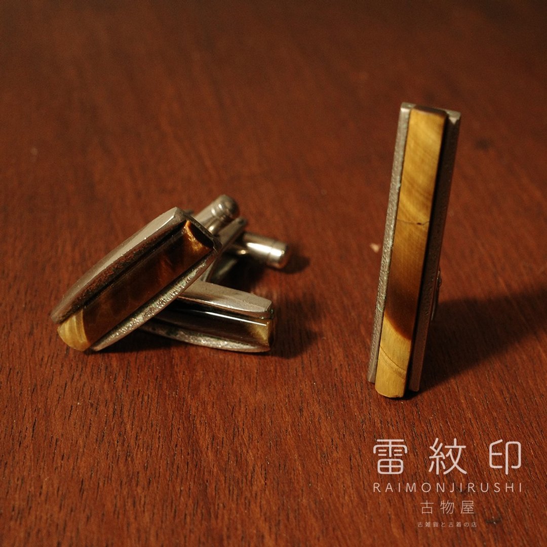 虎眼石 石英 领带夹 袖扣 日本制 附原盒 - 领带/领带夹 - 宝石 卡其色
