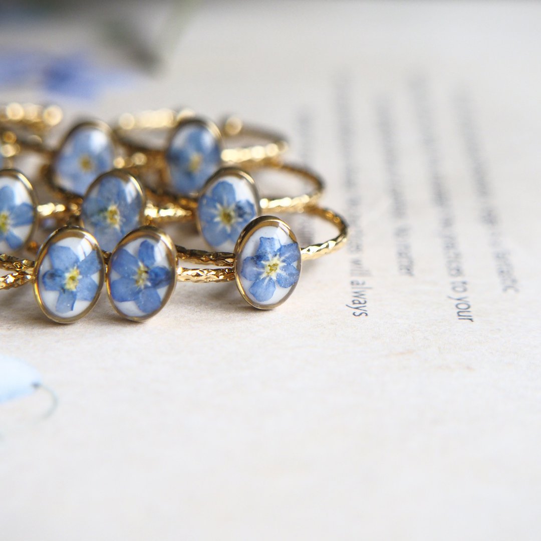 Adjustable forget me not ring, Pressed flower ring, Real flower ring, Steel ring - 戒指 - 植物．花 蓝色