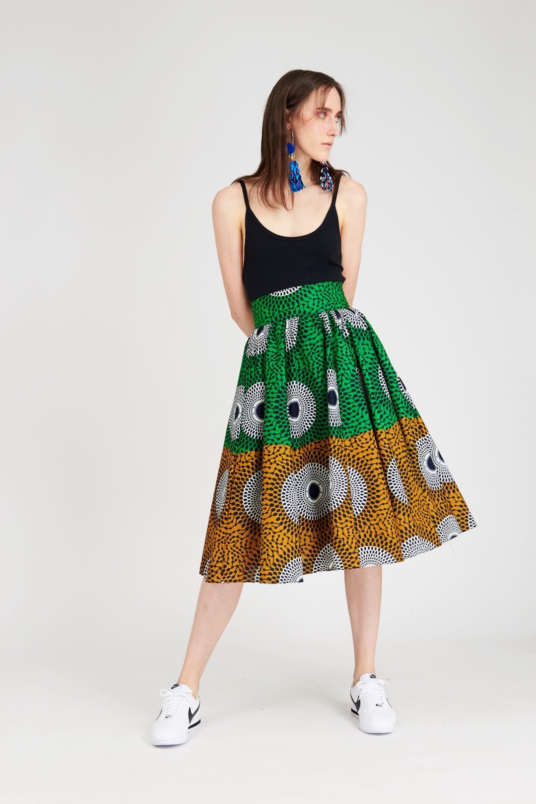 Midi A Line Skirt Green and Brown - 裙子 - 棉 绿色