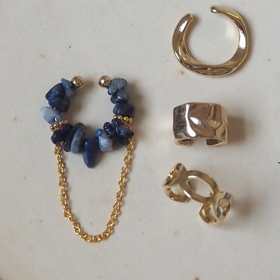 Natural stone lapis lazuli x fine red bean chain ear cuff | December birthstone | EC28-5 - 耳环/耳夹 - 半宝石 蓝色