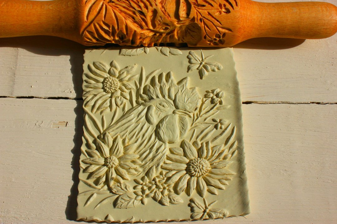 Engraved rolling pin, rooster drawing, cookie rolling pin - 厨房家电 - 木头 咖啡色