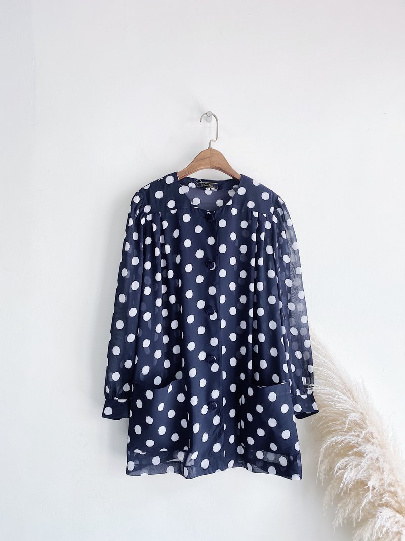 暗夜海蓝透肤水玉原点双口袋 古着雪纺纱衬衫上衣 vintage - 女装衬衫 - 聚酯纤维 蓝色