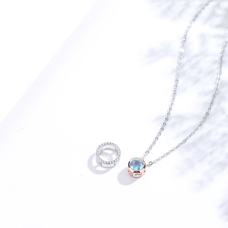 瑞士蓝托帕石吊坠项链 | 可两戴项链 925纯银精镀亮泽白金颈链 - 项链 - 宝石 蓝色