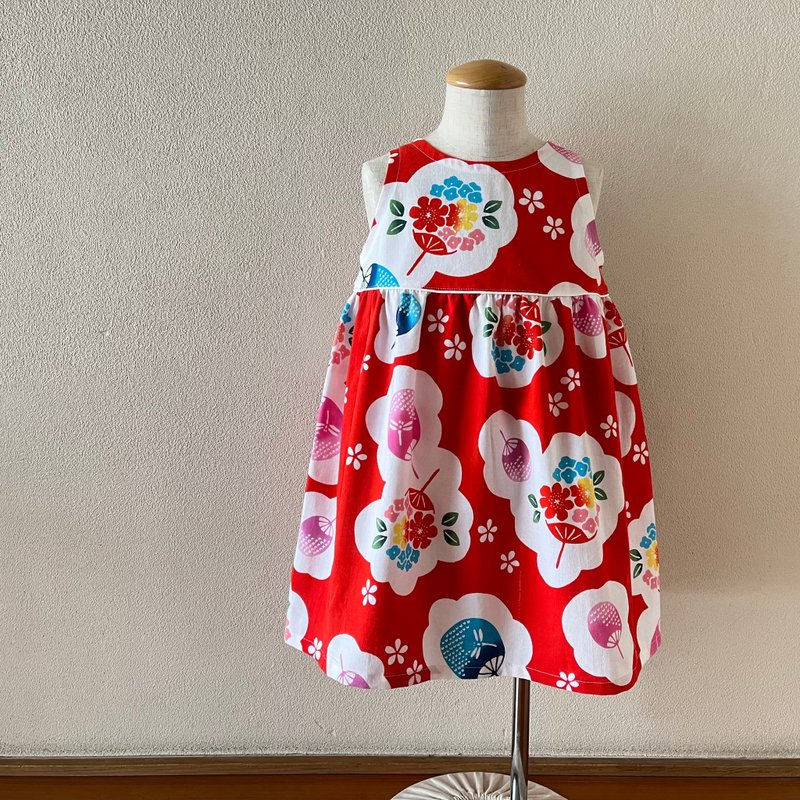 儿童浴衣布料简约喇叭裙，中扇，红色背景，80-130尺寸，订制 - 童装裙 - 棉．麻 红色