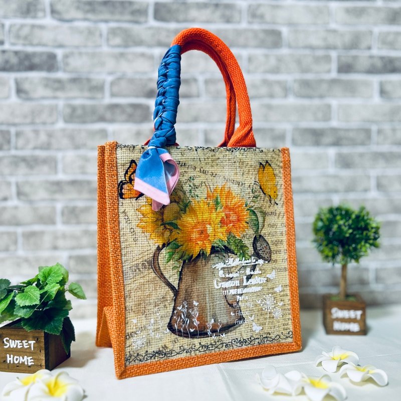 【手工制作】图腾/花 – 夕阳橘 – 现代拼贴小提袋 - 手提包/手提袋 - 棉．麻 多色
