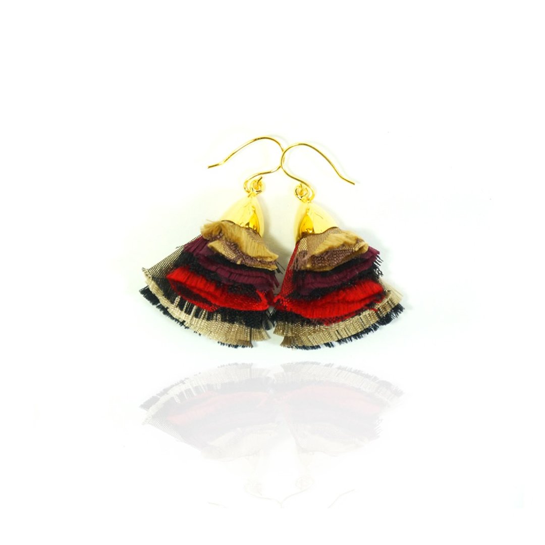 Thai silk Earrings (Size : L)  BB collection Red-Brown-Gold - 耳环/耳夹 - 其他金属 红色