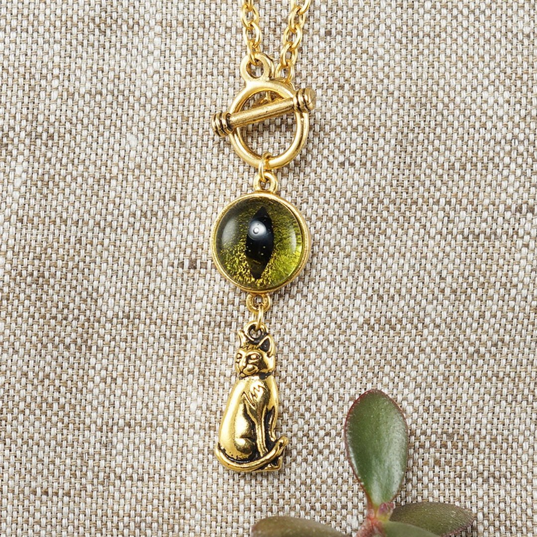 Olive Green Glass Cat Eye Evil Eye Gold Cat Kitten Protection Necklace Jewelry - 项链 - 玻璃 绿色