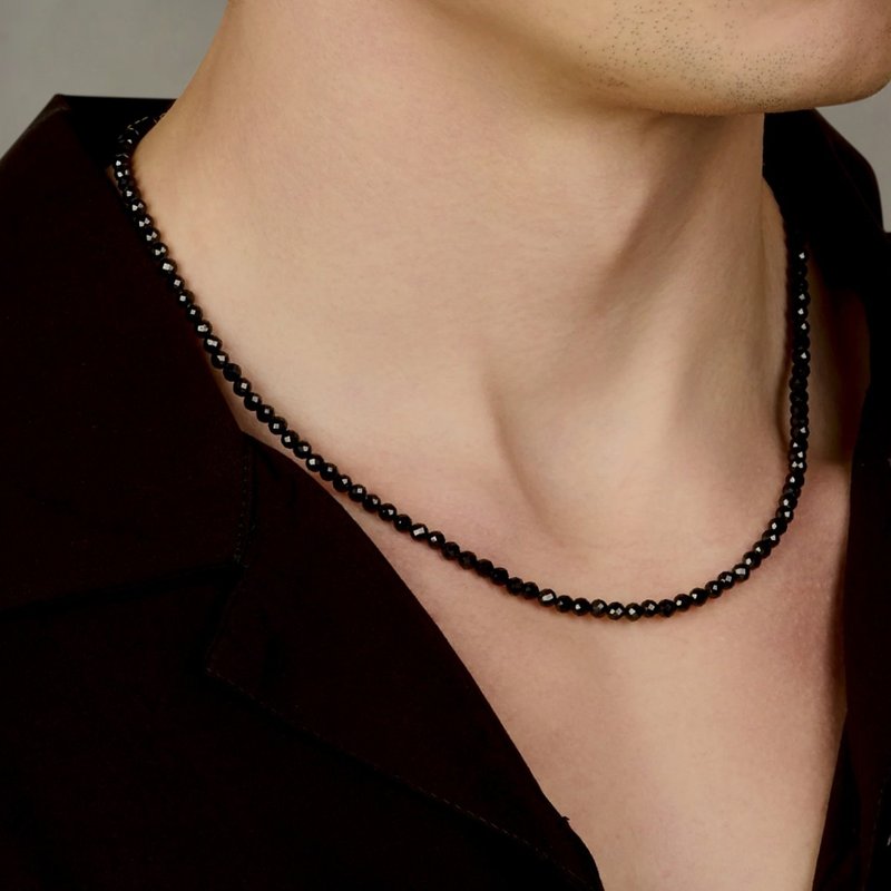 极简切角黑玛瑙串珠项链 不锈钢压扣按扣 中性款 - 项链 - 半宝石 黑色