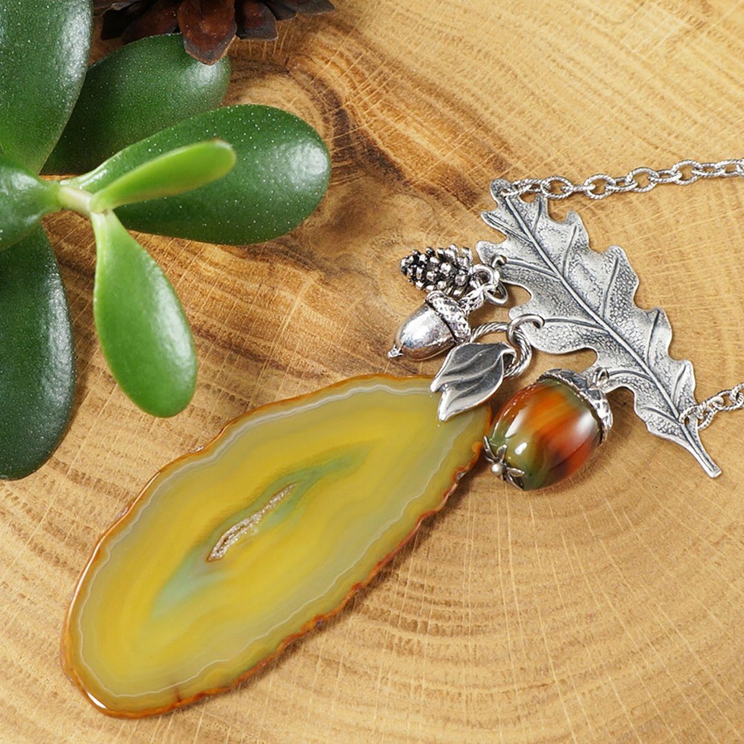 Yellow Agate Slice Slab Silver Oak Leaf Acorn Pine Cone Forest Necklace Jewelry - 项链 - 半宝石 黄色