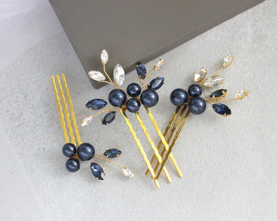 Deep navy blue hair piece set / Bridal Hair Pins dark blue / Wedding headpiece - 发饰 - 玻璃 蓝色