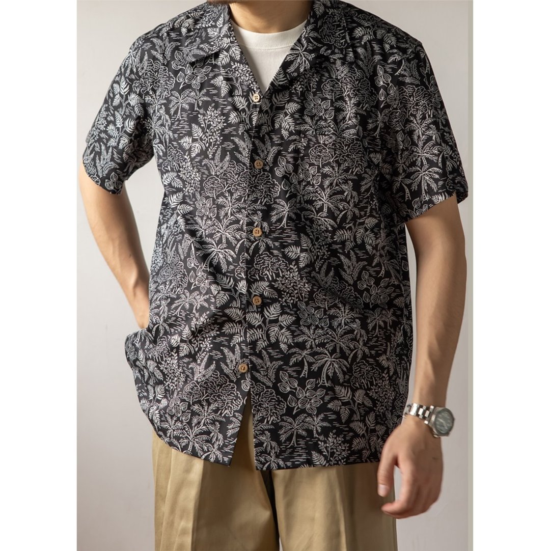 夏威夷衬衫 短袖衬衫 椰林印花 美式复古 纯棉 Aloha Shirt - 男装衬衫 - 棉 黑色