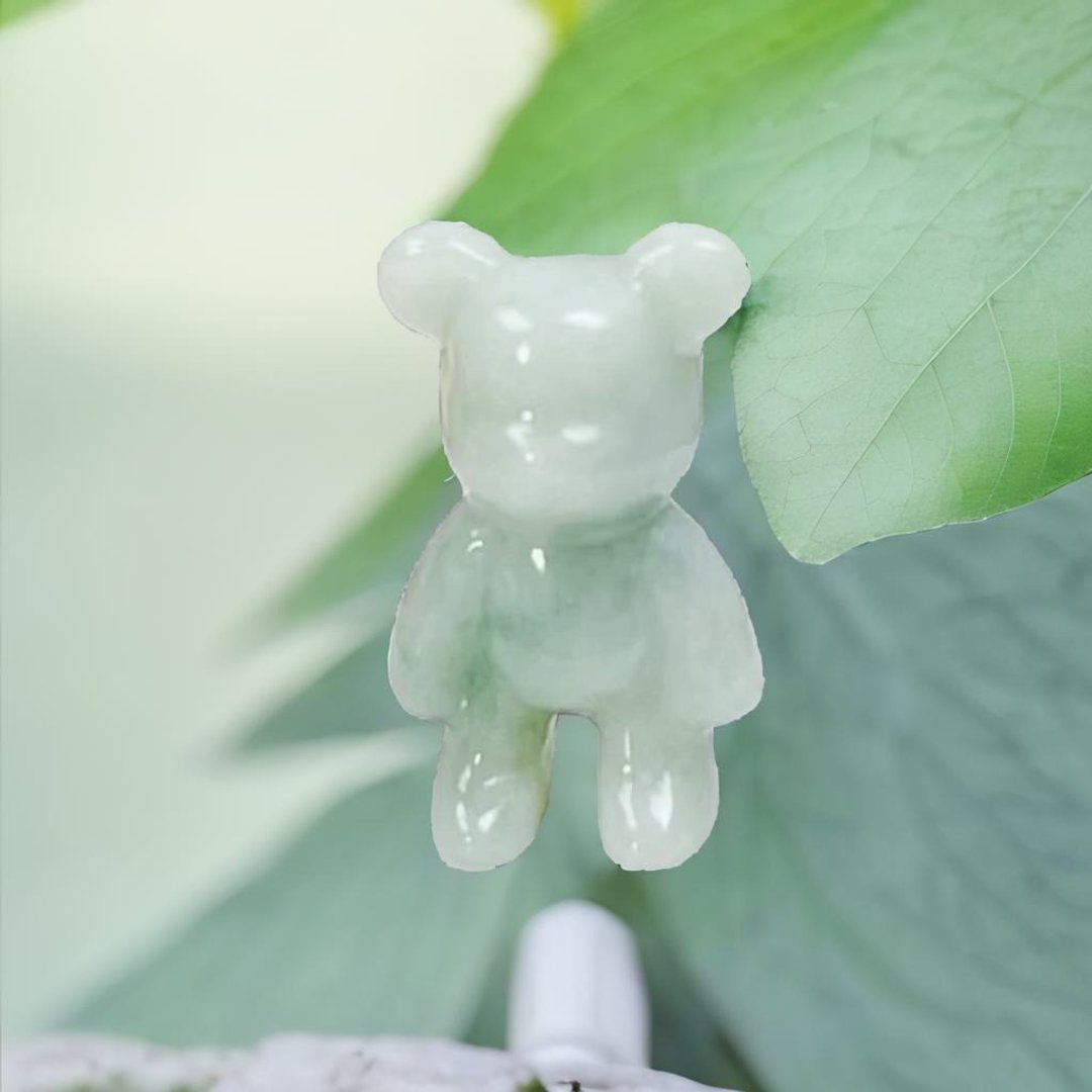 【熊熊玉见你】飘绿花可爱小熊摆饰 | 天然缅甸玉翡翠A货 | 送礼 - 项链 - 玉石 绿色
