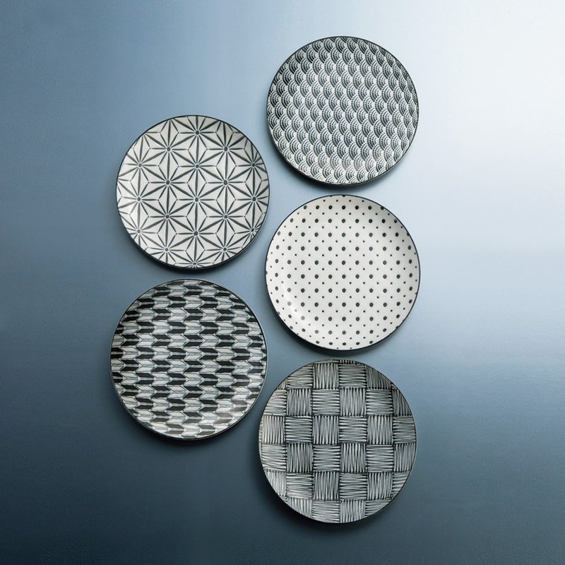 日本美浓烧 - 小纹圆盘 - 礼盒组(5件式) - 20.5cm - 盘子/餐盘/盘架 - 瓷 黑色