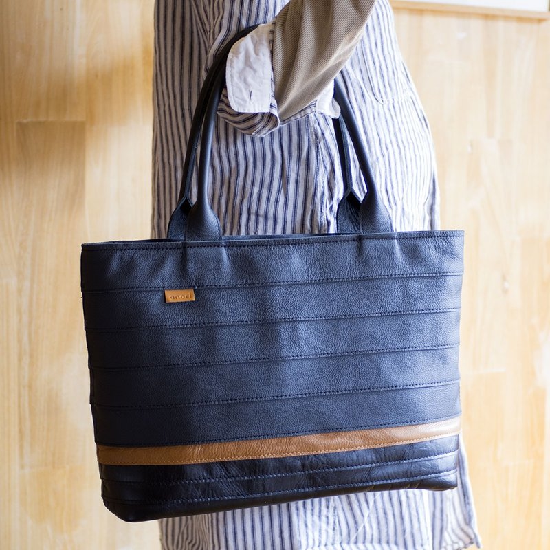 Border Leather Tote Bag / Black and Brown - 手提包/手提袋 - 真皮 黑色