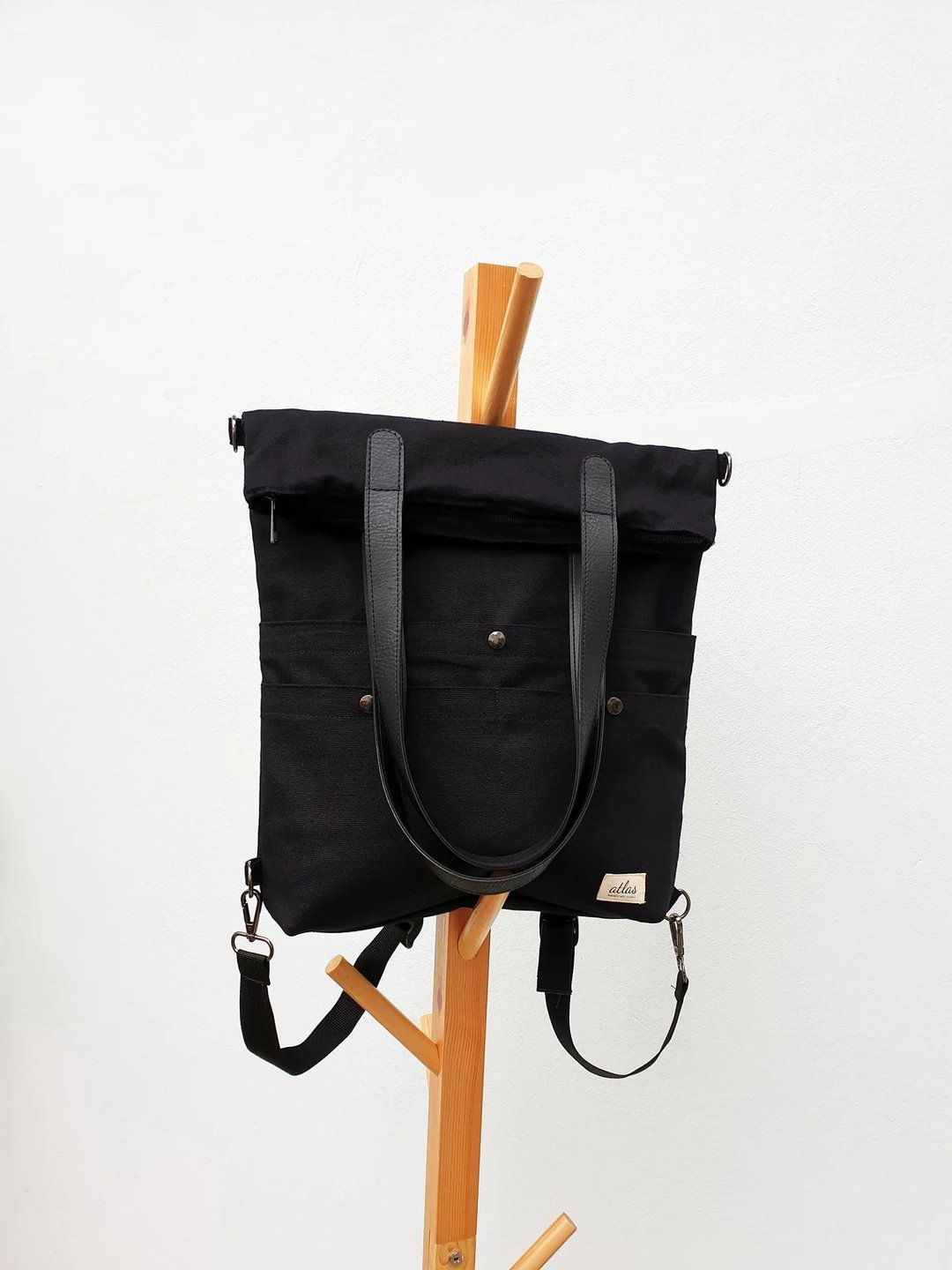 Canvas Convertible Backpack Purse, Crossbody, Tote, Shoulder bag.(Fold over bac) - 后背包/双肩包 - 棉 黑色