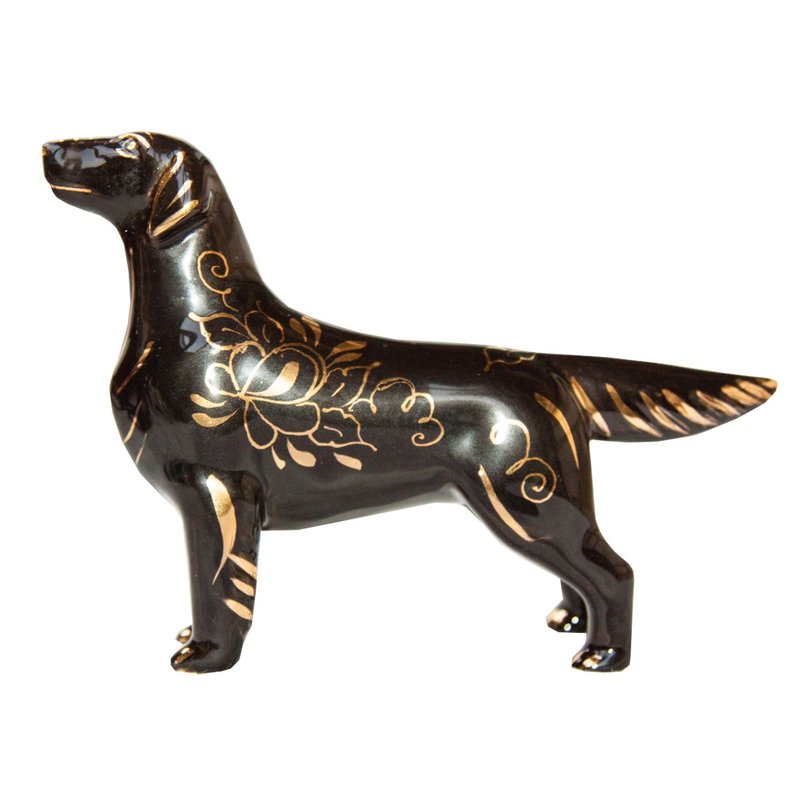 Flat Coated Retriever Porcelain statuette Black Gold - 花瓶/陶器 - 瓷 金色