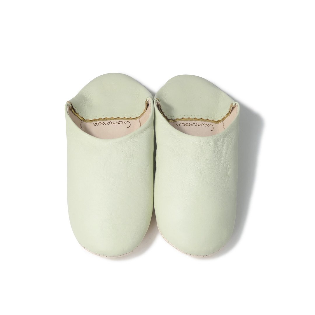 高品质 薄荷绿 / 摩洛哥 无异味 经典皮革 Babouche 拖鞋 手工制作 - 室内拖鞋 - 真皮 白色