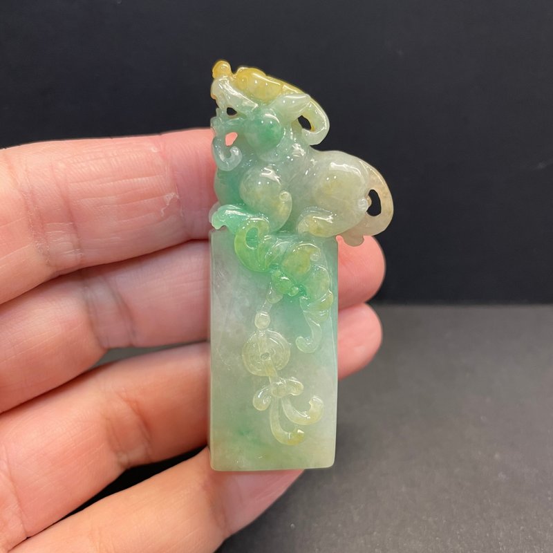 瀚玉珠宝 天然A货翡翠 老三彩貔貅翡翠印章 印纽 缅甸玉印章 方章 - 其他 - 玉石 