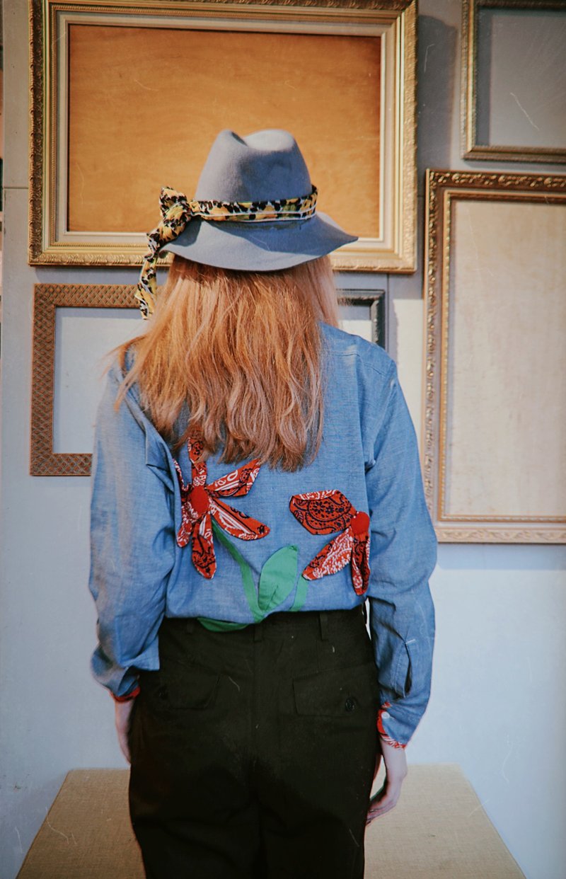 Vintage 80s Patchwork Chambray Shirt 拼接刺绣嬉皮衬衫 - 女装衬衫 - 棉．麻 多色
