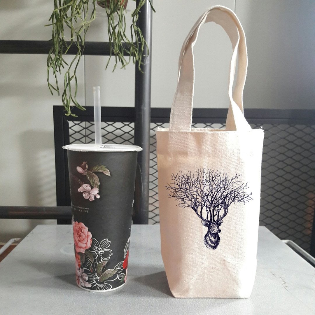 Deer Tree 帆布 咖啡 随行杯 手机 钱包 饮料提袋 - 随行杯提袋/水壶袋 - 棉 白色