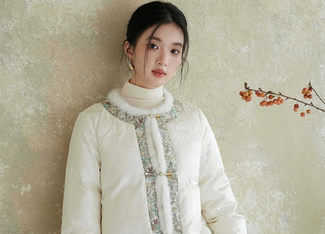 新中式復古中國風 蓬松鸭绒唐装 保暖羽绒服 - 女装上衣 - 聚酯纤维 白色