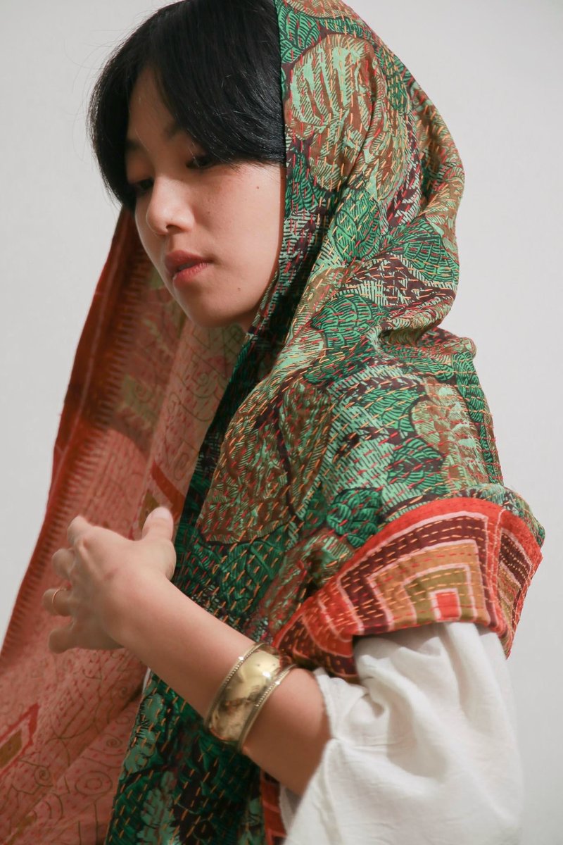 Kantha刺绣花布披肩 矩形 - 围巾/披肩 - 棉．麻 绿色