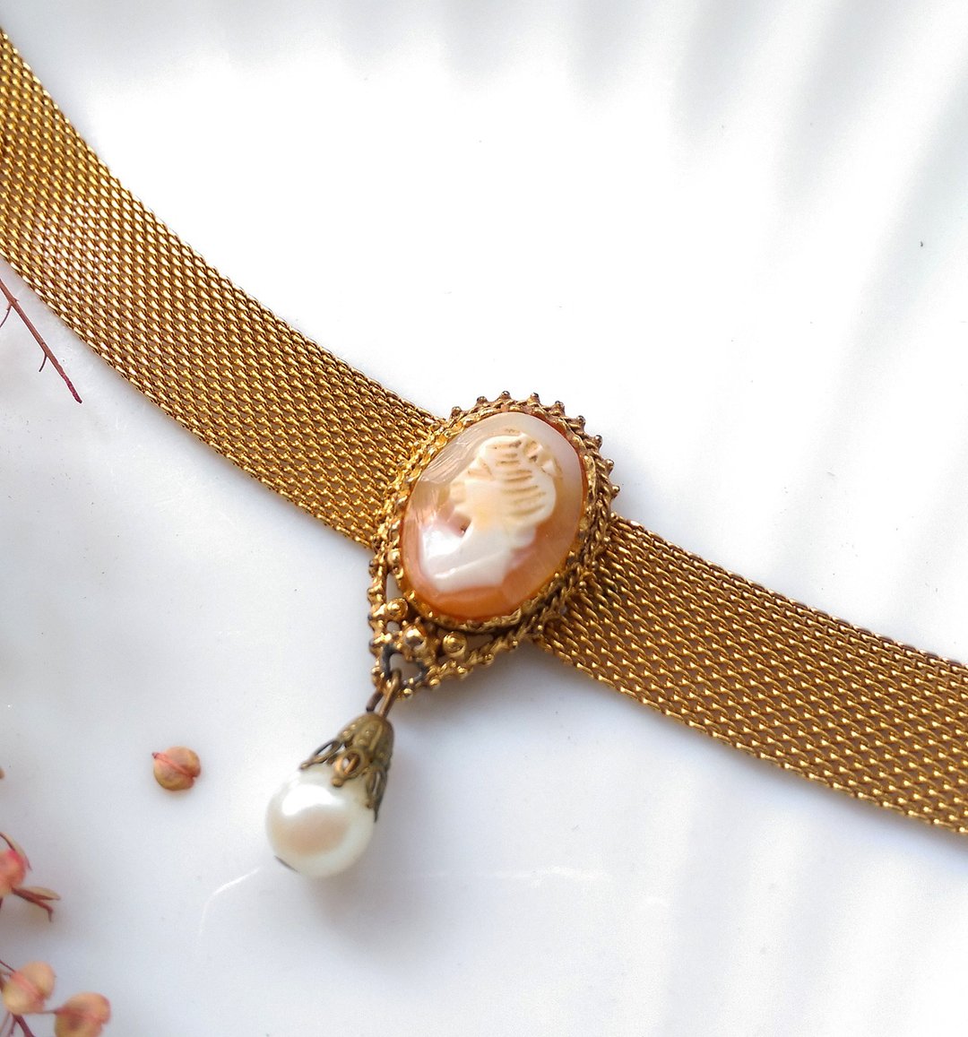 西洋古董饰品。FLORENZA CAMEO 优雅金属编织颈链 - 项链 - 其他金属 金色