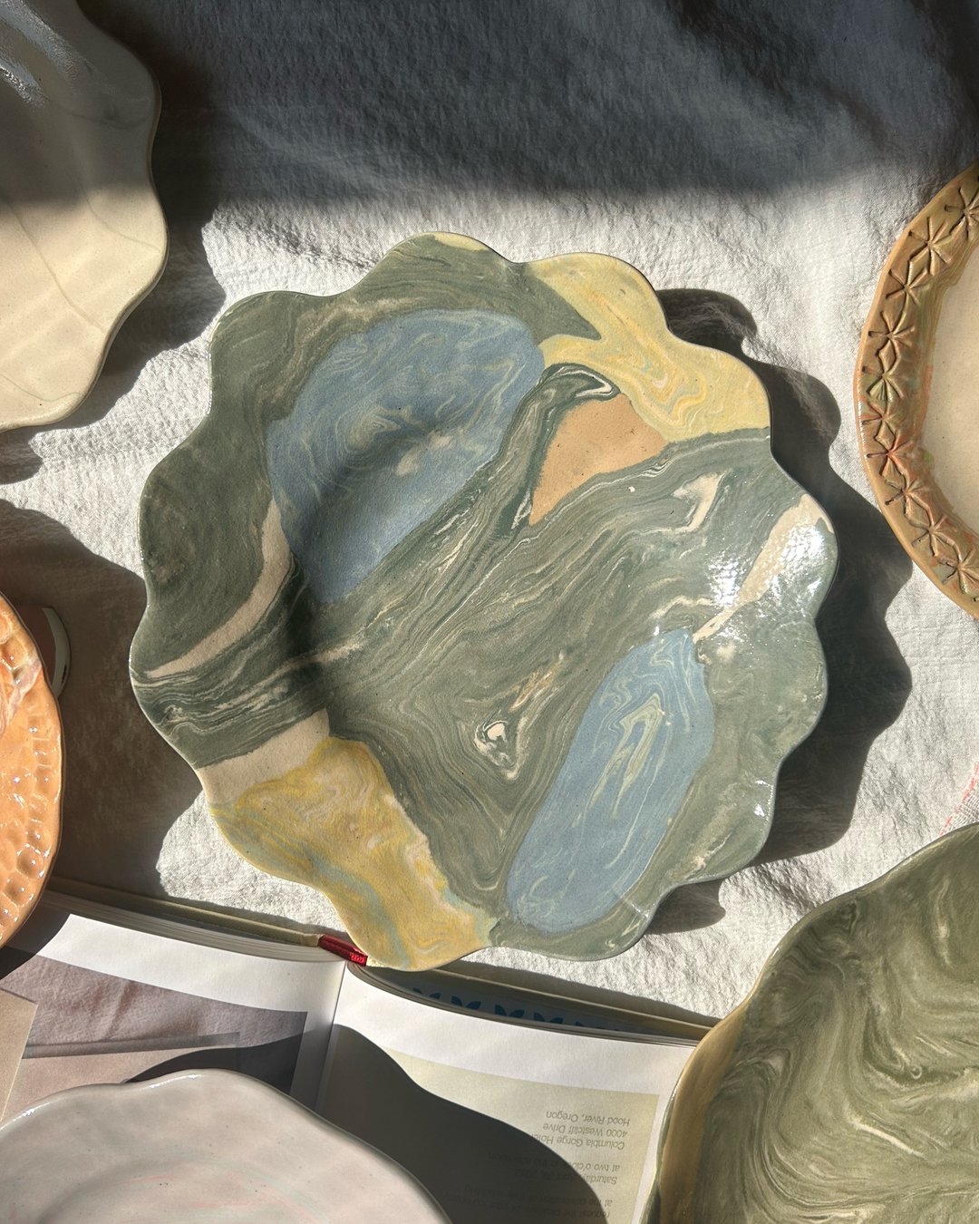 Hand Built Plate | Green Marbling | Ceramic Handmade | Tableware - 花瓶/陶器 - 陶 绿色