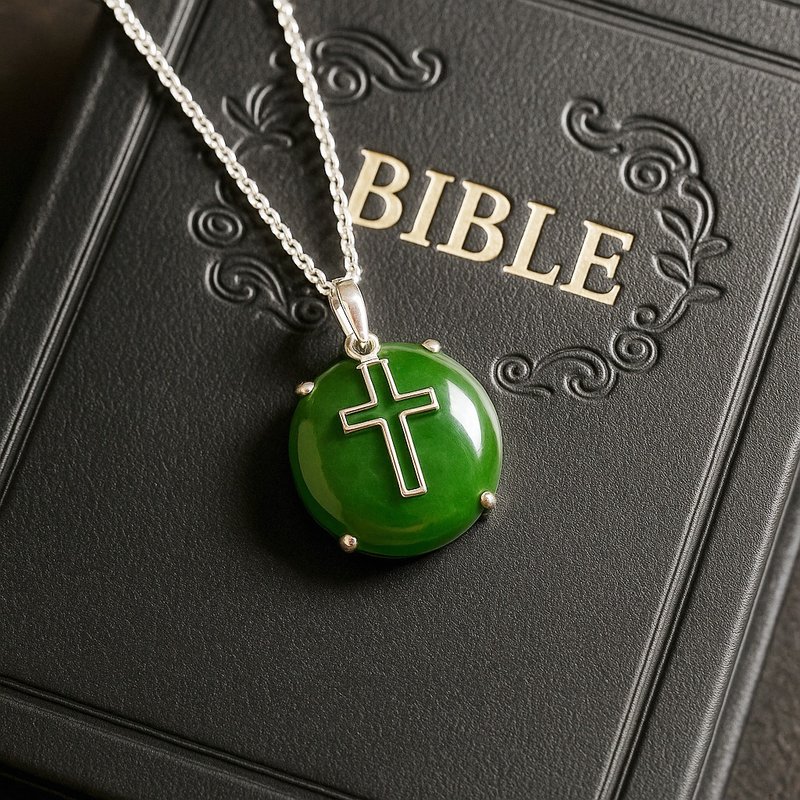 玉见主 玉 坠子 项链 天然碧玉 925 纯银  母亲节 十字架 礼物 - 项链 - 宝石 绿色