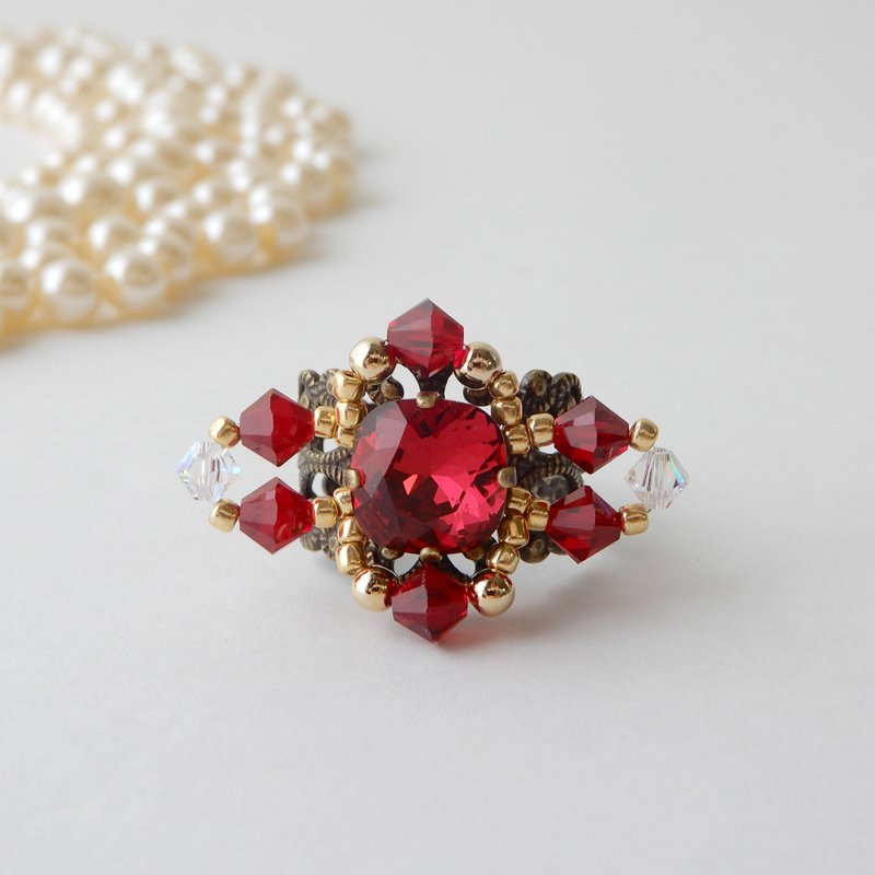 Large deep red bead ring with high quality crystal stones crystaldropsring0002 - 戒指 - 玻璃 红色