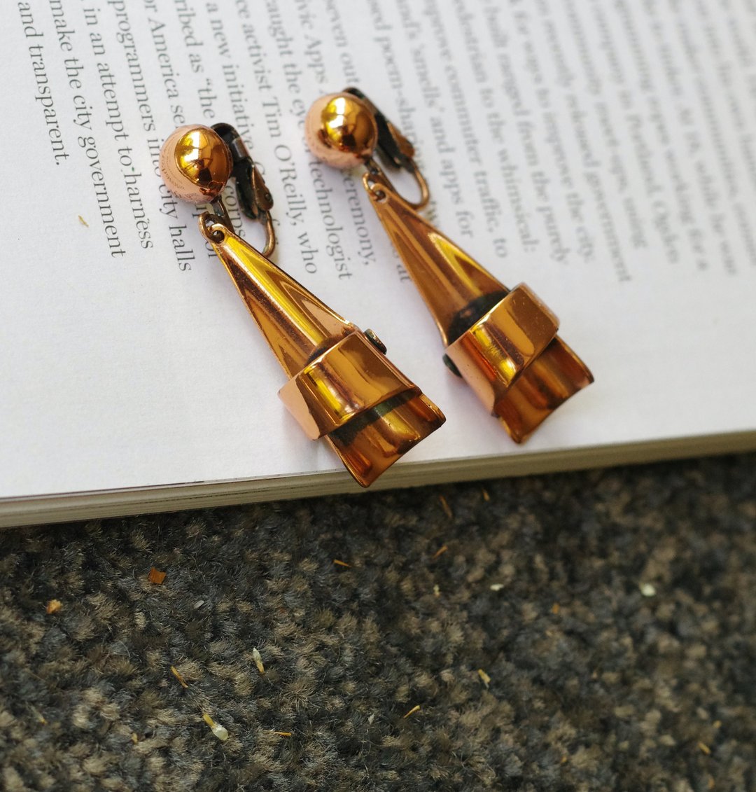 古董 Vintage-Renoir 立体感 夹式耳环 垂坠  铜 60年代 c71 - 耳环/耳夹 - 其他金属 卡其色