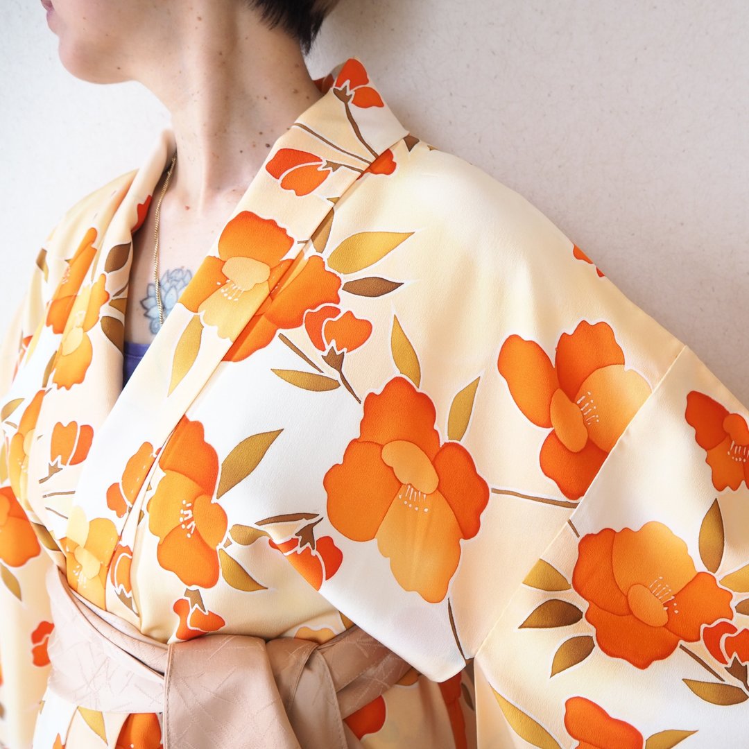 【日本制】橙花丝绸和服、男女通用和服礼服、日本制造、休闲穿着 - 洋装/连衣裙 - 丝．绢 