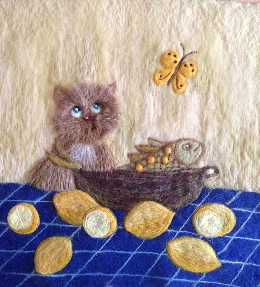 cat hand made felted wool art - wall art - 墙贴/壁贴 - 羊毛 多色
