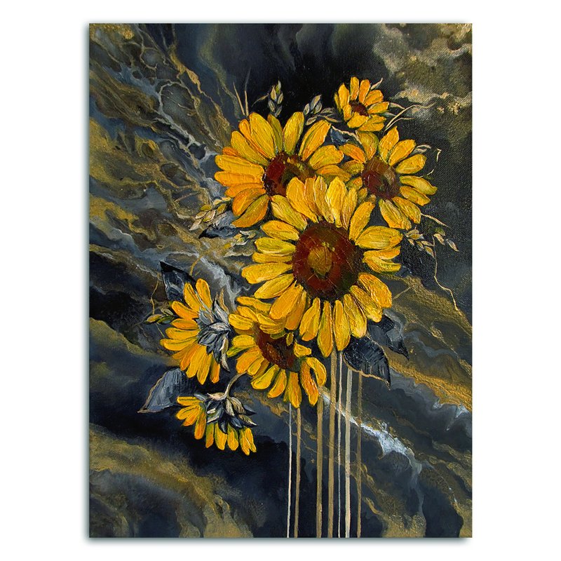 Sunflower Painting Floral Original Art Flower Impasto Painting Flower Wall Art - 海报/装饰画/版画 - 其他材质 黑色