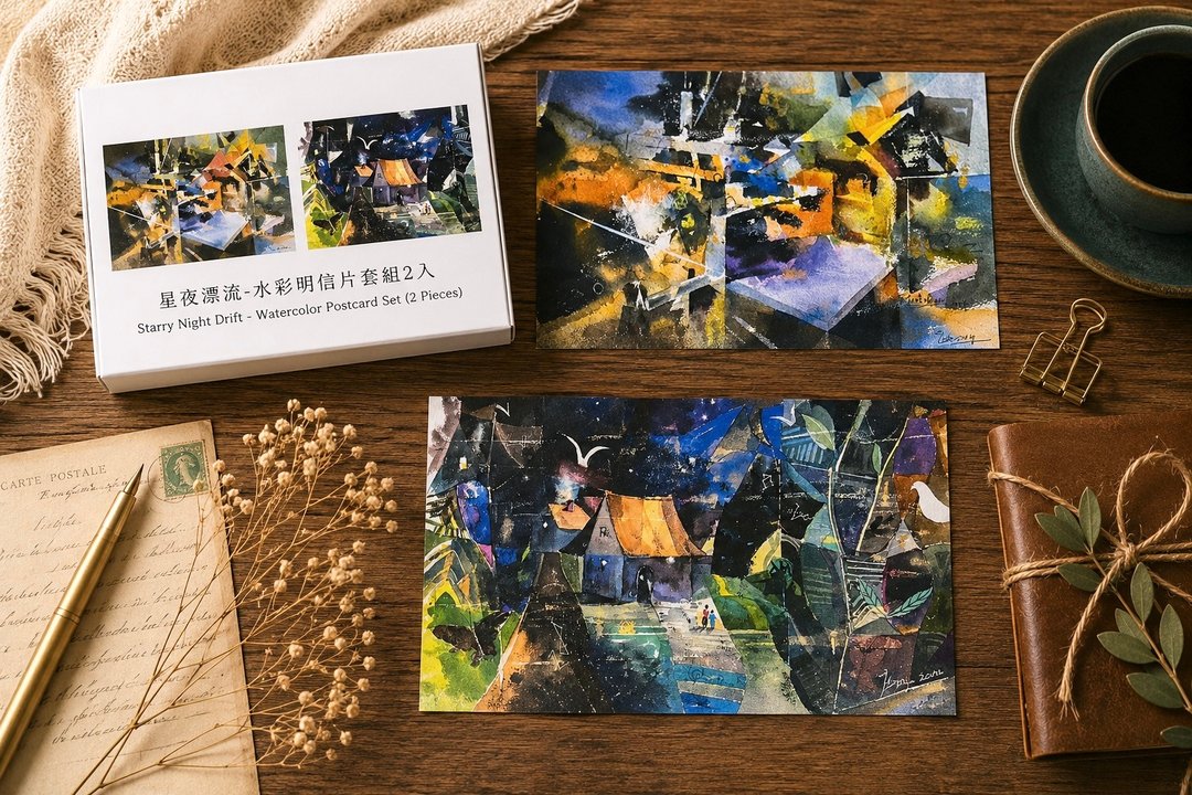 星夜漂流-纸鹤的远行与升旗山的灯火-水彩明信片套组2入 - 卡片/明信片 - 纸 