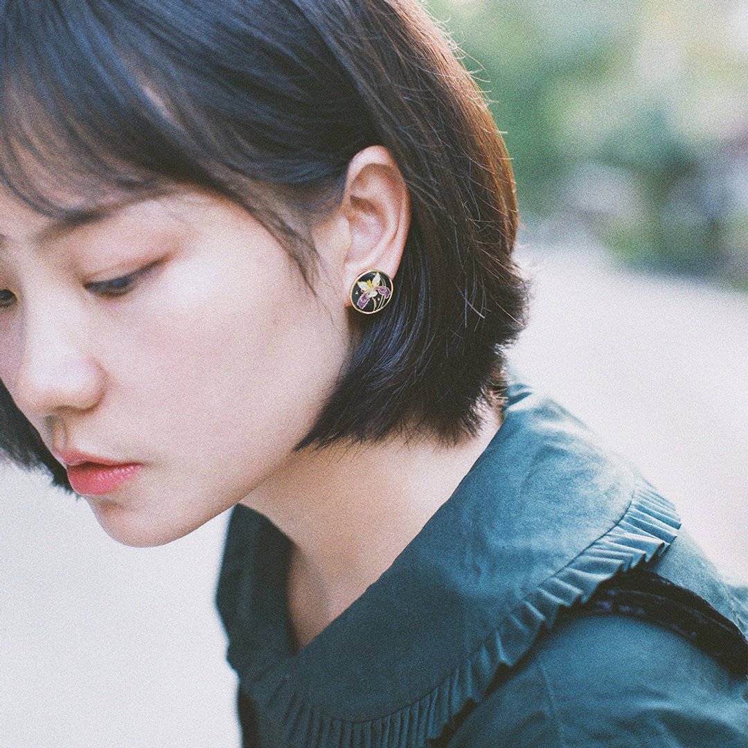 彩虹女神鸢尾耳钉耳夹 几何复古花卉 - 耳环/耳夹 - 铜/黄铜 多色