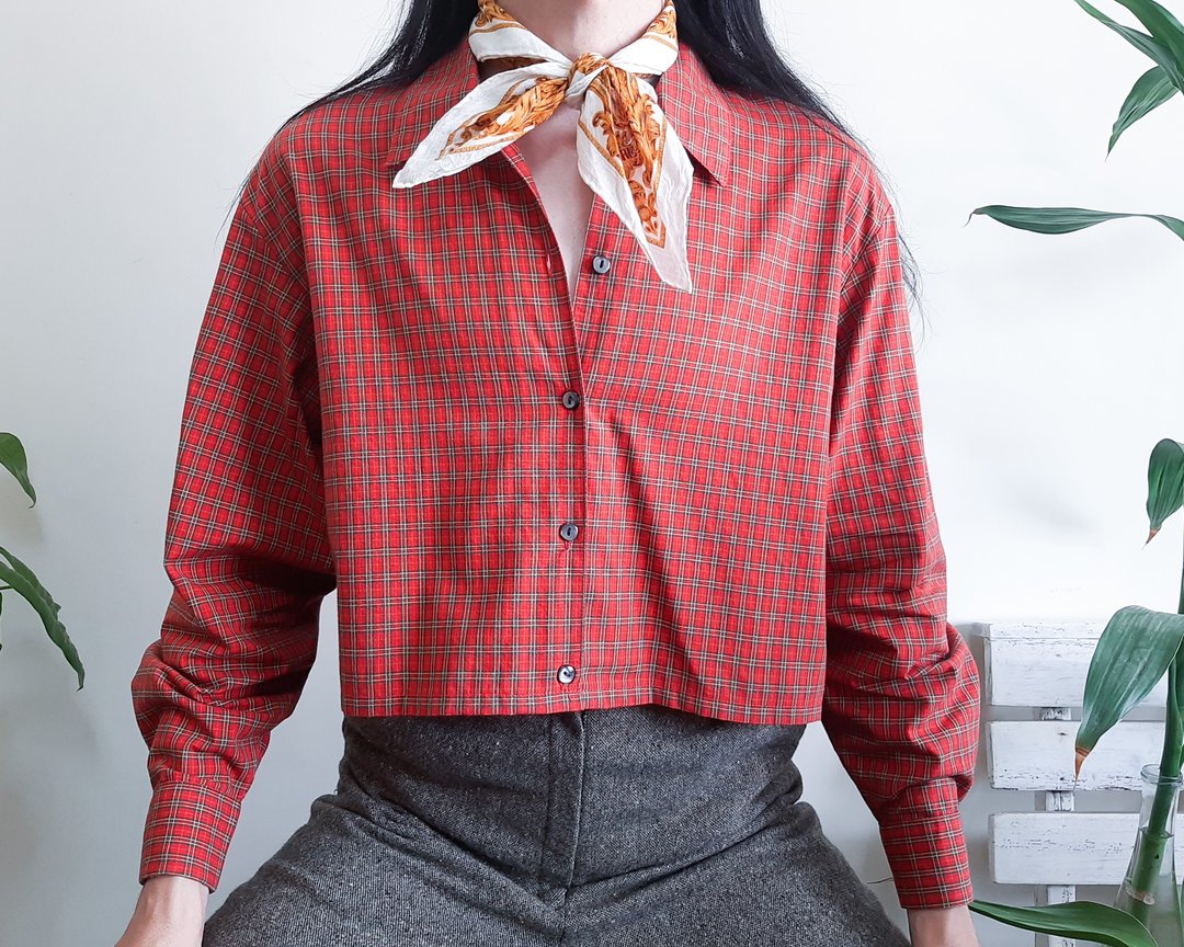 复古红色格子短款衬衫 纯棉材质 纽扣开襟 长袖 红黄绿配色 M-L - 女装衬衫 - 棉 红色