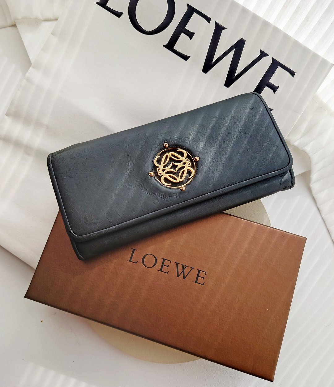 中古品附盒 Loewe 长银包钱包零钱包皮夹长夹 卡片 - 皮夹/钱包 - 真皮 黑色