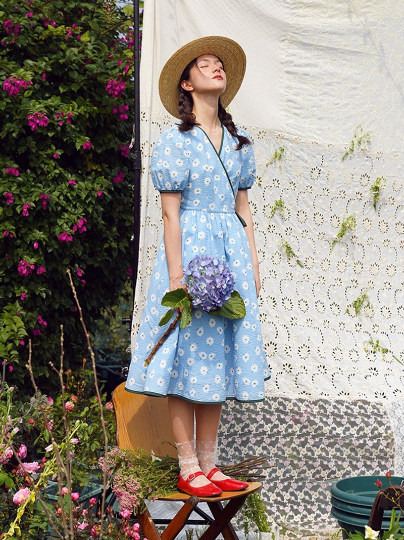 MintCheese 法式少女 浪漫文艺蓝碎花 撞色边裹裙连衣裙 - 洋装/连衣裙 - 棉．麻 蓝色