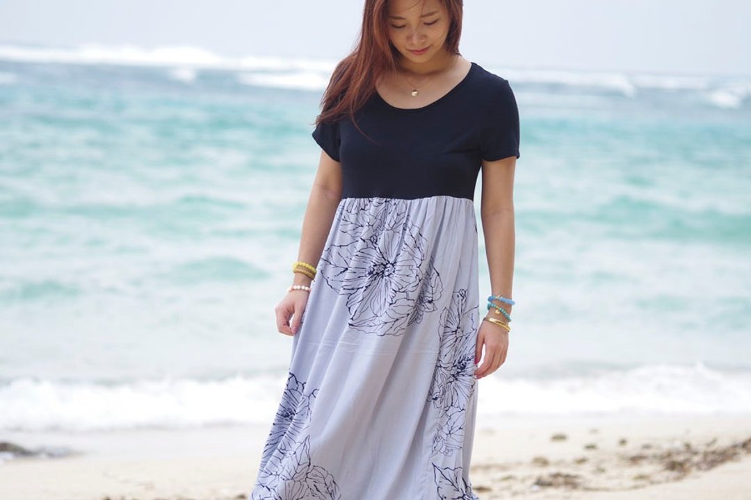 Hibiscus print dress <gray> - 洋装/连衣裙 - 其他材质 灰色