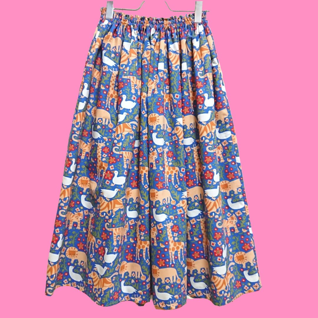 [Made to order remaining 1] Organic Cotton Animal Flowe Skirt Blue / USA fabric / Free size / Made in Japan - 裙子 - 棉 蓝色