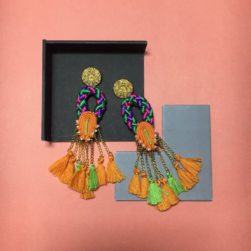 earrings : ring tassel orange - 耳环/耳夹 - 其他材质 橘色