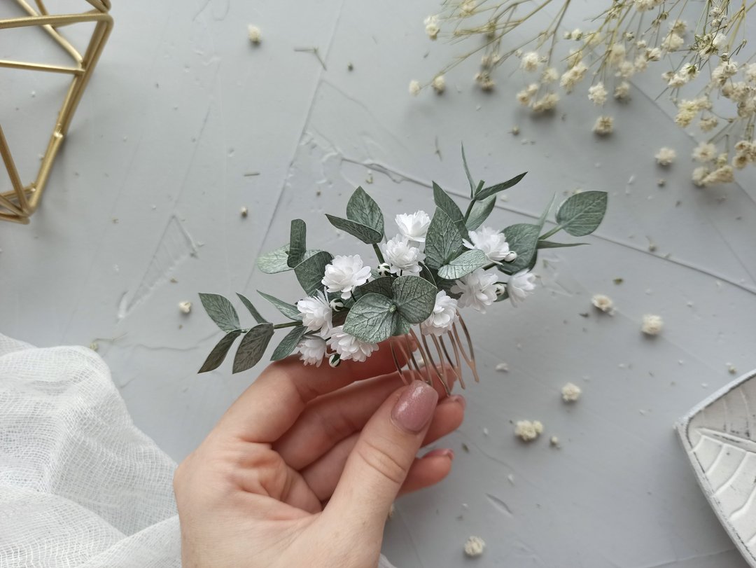 Wedding eucalyptus hair piece Bridal headpiece Babys breath greenery hair piece - 发饰 - 其他材质 多色