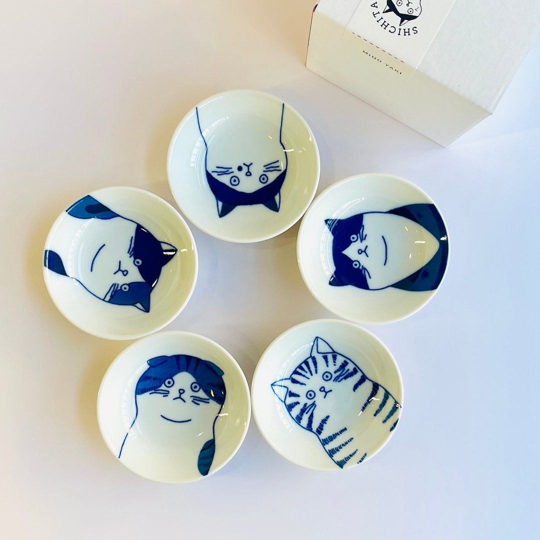 美浓烧-五种猫猫染付豆钵礼盒组 - 碗 - 瓷 白色
