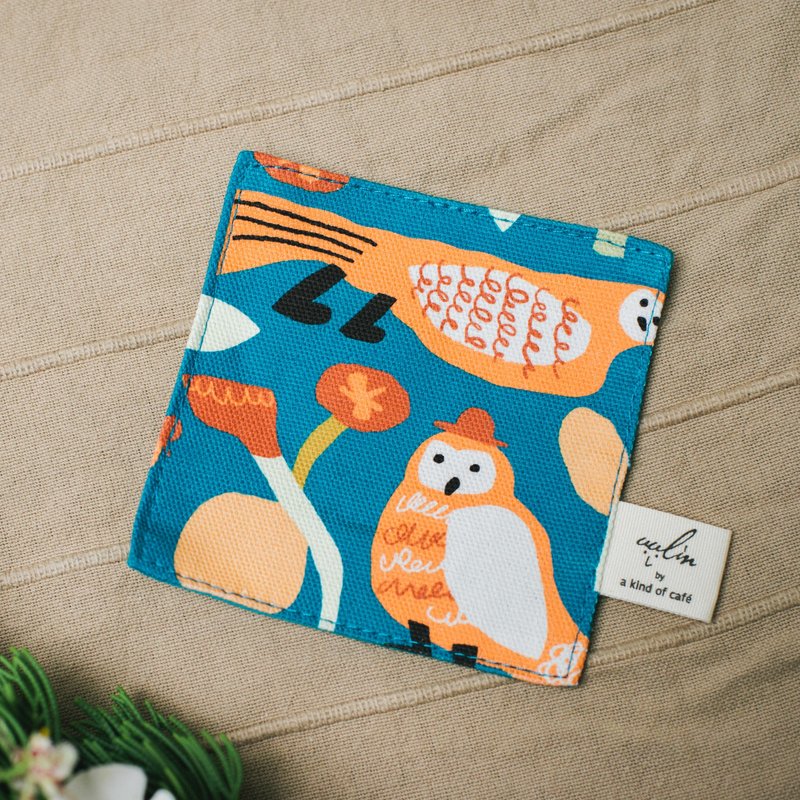 印花布杯垫四入组-10x10/印花乐 x UULIN/猫头鹰与花/橘蓝 - 杯垫 - 棉．麻 多色